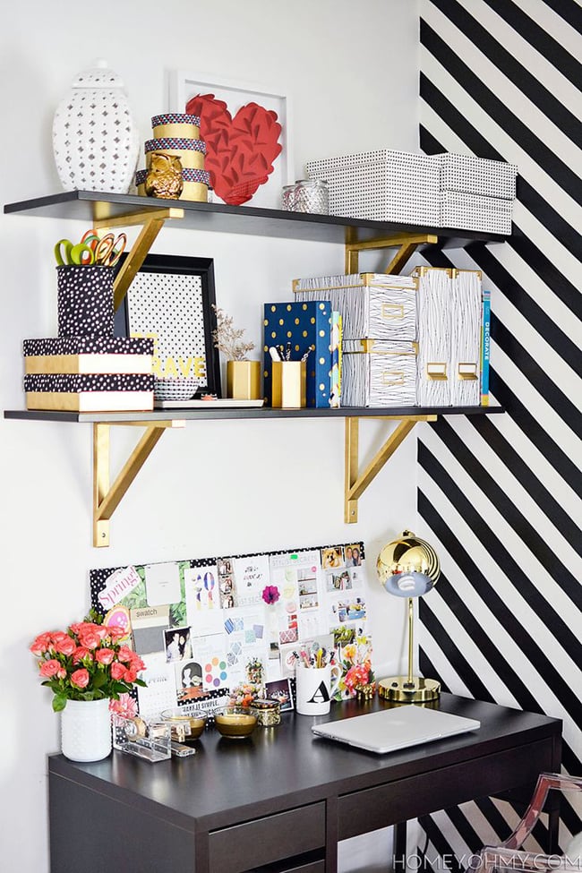 Move your storage up top for a small home office to keep the floor less cluttered