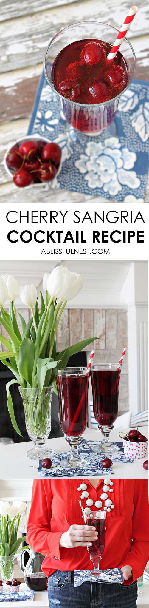The most delicious and refreshing cherry sangria cocktail recipe! Perfect for your next dinner party with friends. Get the full recipe at ablisfulnest.com