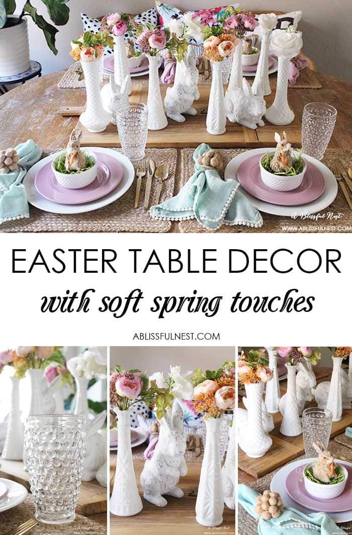 A beautiful and soft Easter table decor setting that is the perfect transition into spring. Soft whites with pops of flowers and pastels makes this Easter table setting perfect for your family! Check out more of this table on ablisfulnest.com