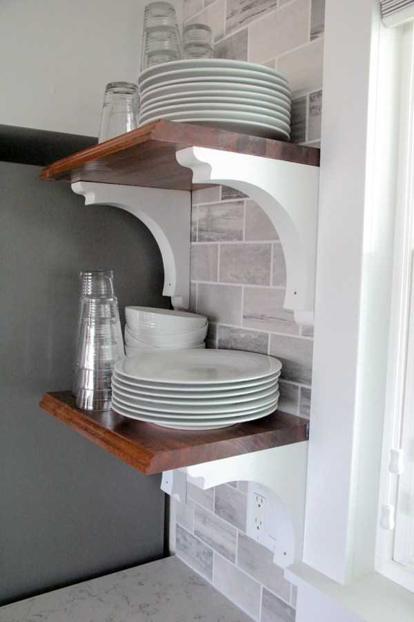 DIY Butcher Block Open Shelving by Bright Green Door, 20 DIY Farmhouse Projects via A Blissful Nest
