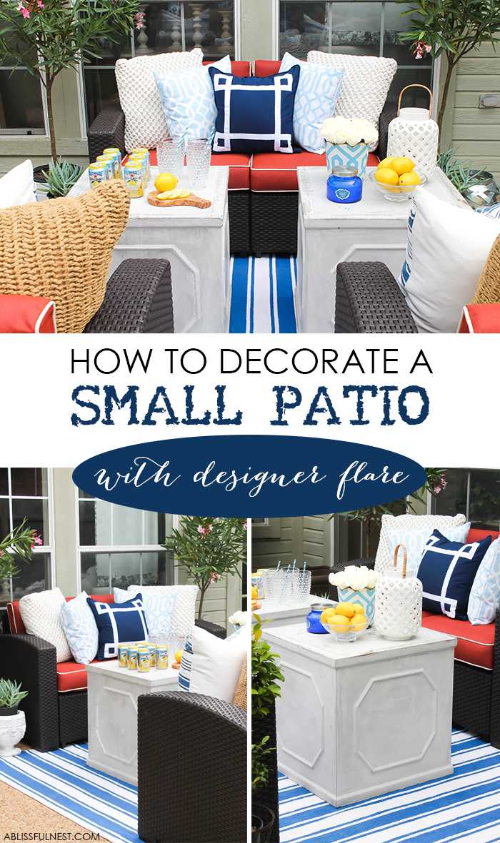 If you've got a small patio then you are not alone. BUT you do not have to sacrifice that designer look because of space issues. We are showing you simple tips to get that designer look with these small patio solutions. Via A Blissful Nest https://ablisfulnest.com #patiodecor #backyarddecor #homedecor #interiordesign #designtips