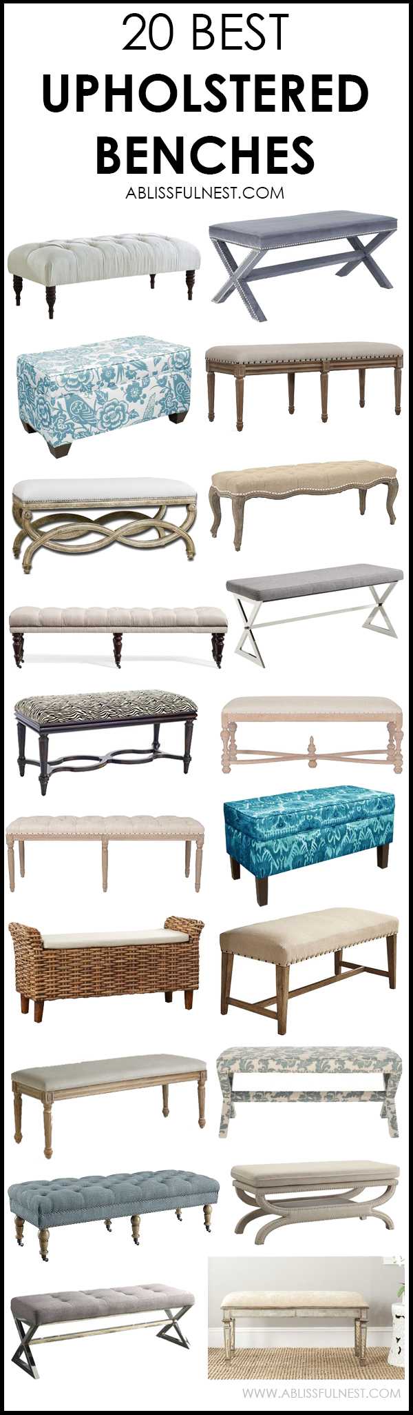 This list is AMAZING. 20 fabulous upholstered benches to choose from by A Blissful Nest. #upholsteredbench #benches #bedroomideas #masterbedroom #designtips #homedecorideas https://ablisfulnest.com/