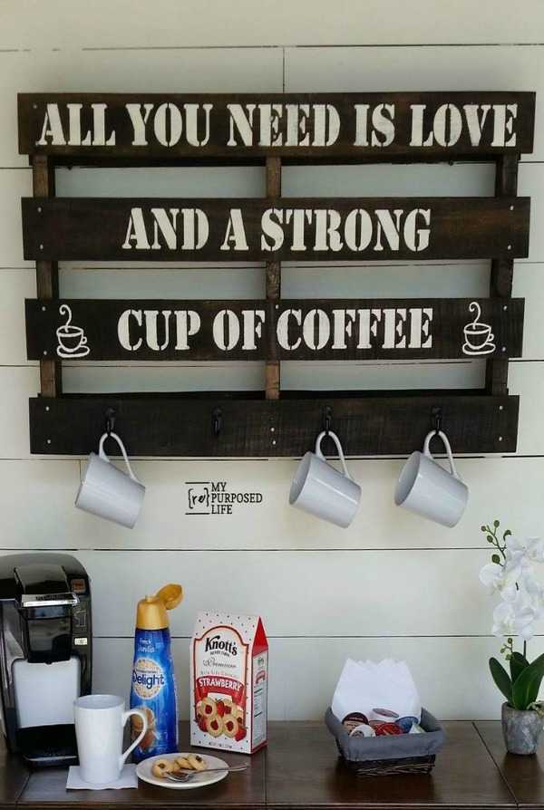 Coffee Cup Rack, 20 Amazing Pallet Projects via A Blissful Nest