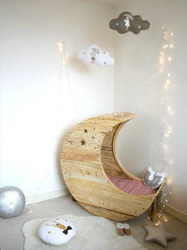 DIY Pallet Moon Shaped Baby Cradle, 20 Amazing Pallet Projects via A Blissful Nest