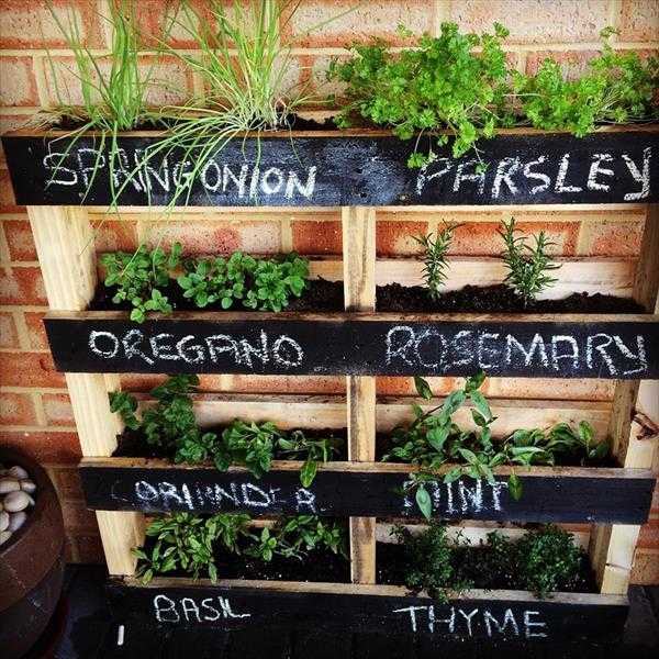 Vertical Herb Garden, 20 Amazing Pallet Projects via A Blissful Nest