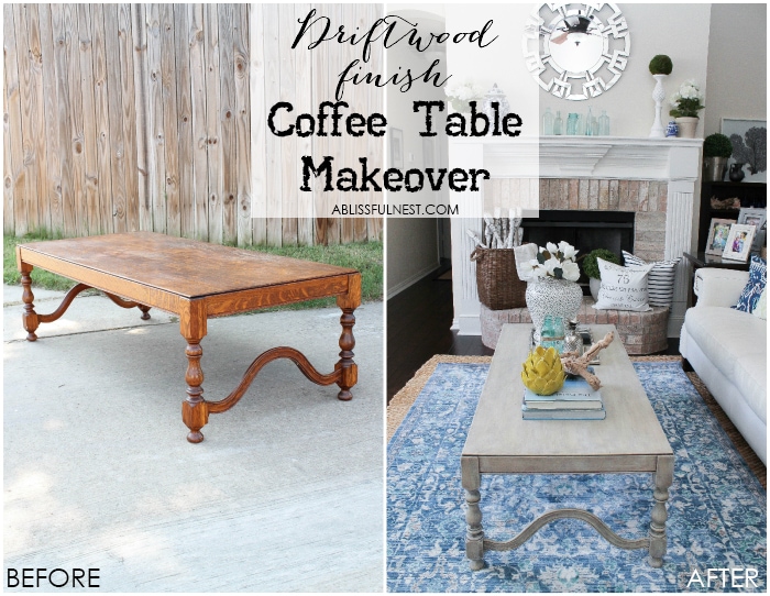 If you love the coastal driftwood look then this is for you! Learn the easiest way to get a weathered wood finish featured on this coffee table makeover by A Blissful Nest. https://ablisfulnest.com/ #coastal #homedecor #diytutorial #tablemakeover #livingroom #driftwood #fauxfinish #weatheredwood