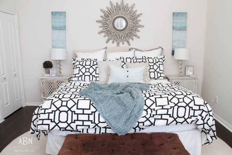 A gorgeous master bedroom reveal with a soft color palette and bold modern touches. Also a great review on gelfoam mattresses by A Blissful Nest. https://ablisfulnest.com/ #masterbedroom #bedroomideas #bedroomdecor