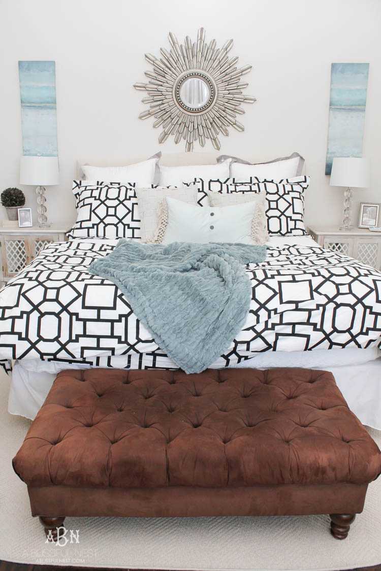 A gorgeous master bedroom reveal with a soft color palette and bold modern touches. Also a great review on gelfoam mattresses by A Blissful Nest. https://ablisfulnest.com/ #masterbedroom #bedroomideas #bedroomdecor