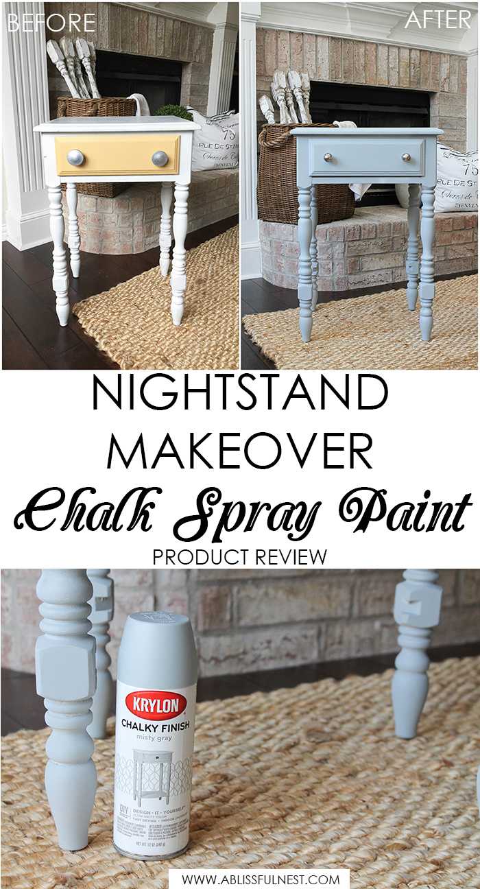 This is such a great review on using Krylon’s new Chalk Spray paint! Everything you need to know to use this method of painting furniture and accessories with a spray chalk paint. Get more information on https://ablisfulnest.com/ #chalkpaint #tablemakeover #diyfurniture