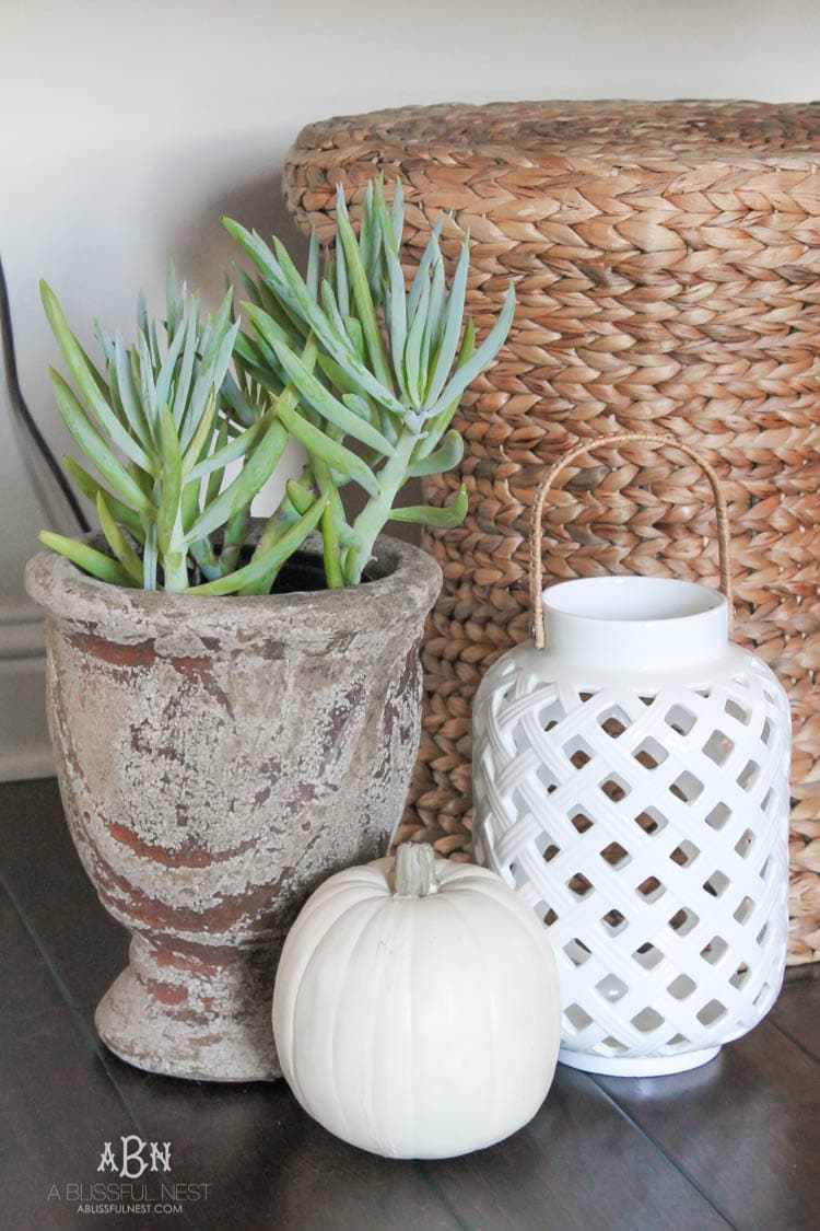 Check out these gorgeous coastal accents in this fall home tour with A Blissful Nest! Love the pops of orange in this home with its neutral pallet. See more at https://ablisfulnest.com/ #fallfrontporch #falldecorating #falldecor #fallhometour