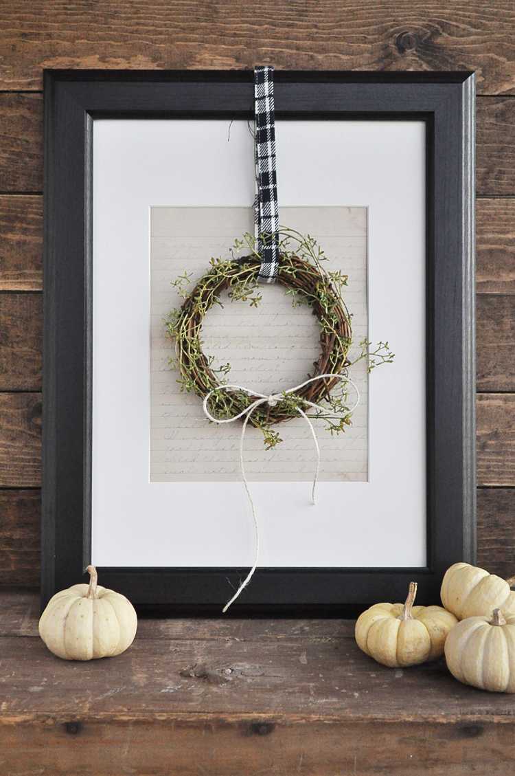This fall farmhouse mini wreath is a quick and simple project to add a little fall beauty to your homes decor. See more at https://ablisfulnest.com #Fall #FarmhouseDecor #FallWreath