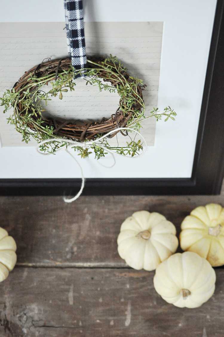 This fall farmhouse mini wreath is a quick and simple project to add a little fall beauty to your homes decor. See more at https://ablisfulnest.com #Fall #FarmhouseDecor #FallWreath