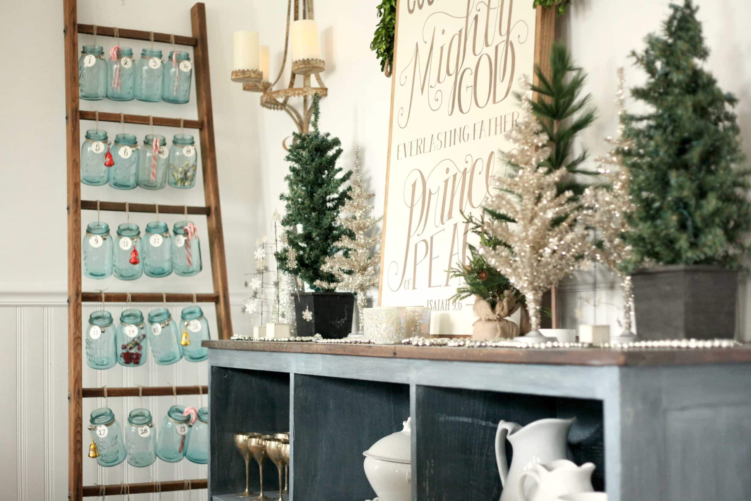 Beautiful Christmas decor using a Vintage Ladder for a Mason Jar Advent Calendar. So festive and fun! See more on https://ablisfulnest.com/ #Christmas #Advent #ChristmasDecor
