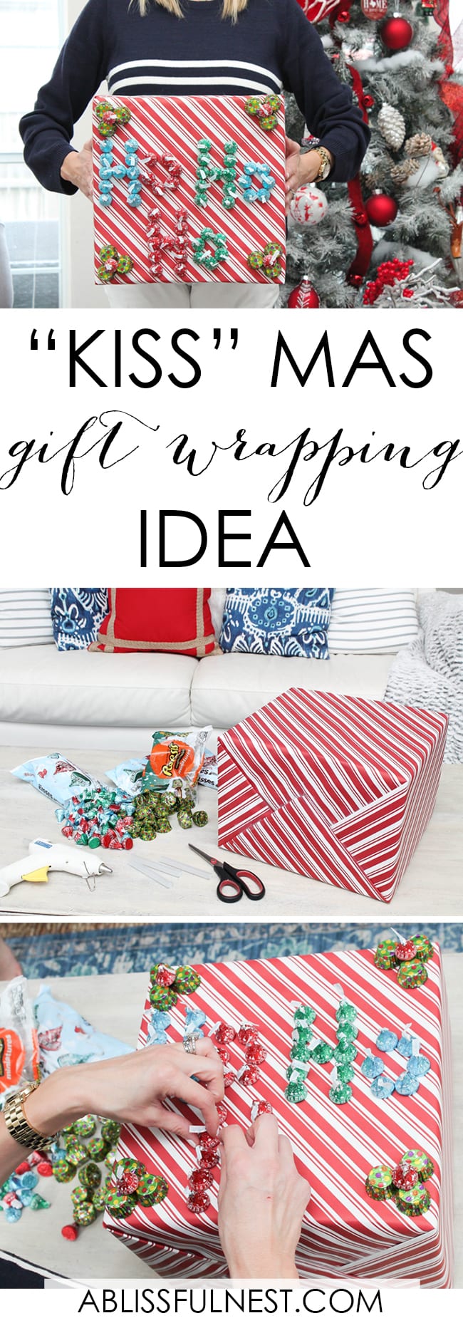 Wrap your presents in chocolaty goodness with Hershey’s Kisses! This is such a fun and unique idea to decorate a gift. Then they can eat the candy later after the present has been opened! So fun! See more on https://ablisfulnest.com/ #hersheyskiss #christmascraft #christmasdiyidea