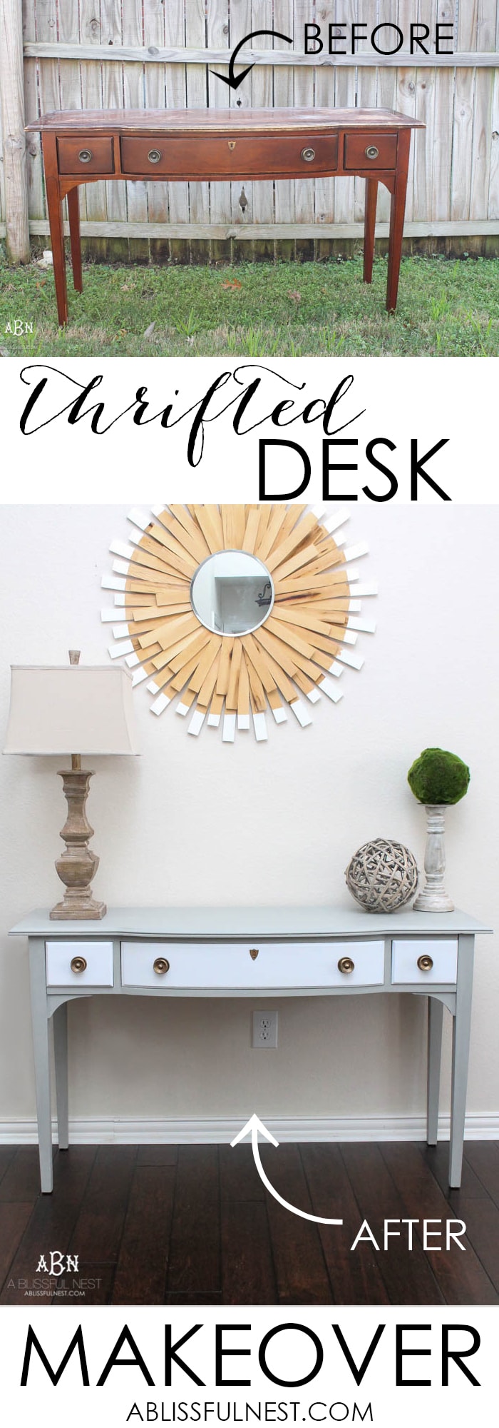 What an amazing before and after on this thrifted desk! Such a great idea. More on https://ablisfulnest.com/ #deskmakeover #chalkfurniturepaint