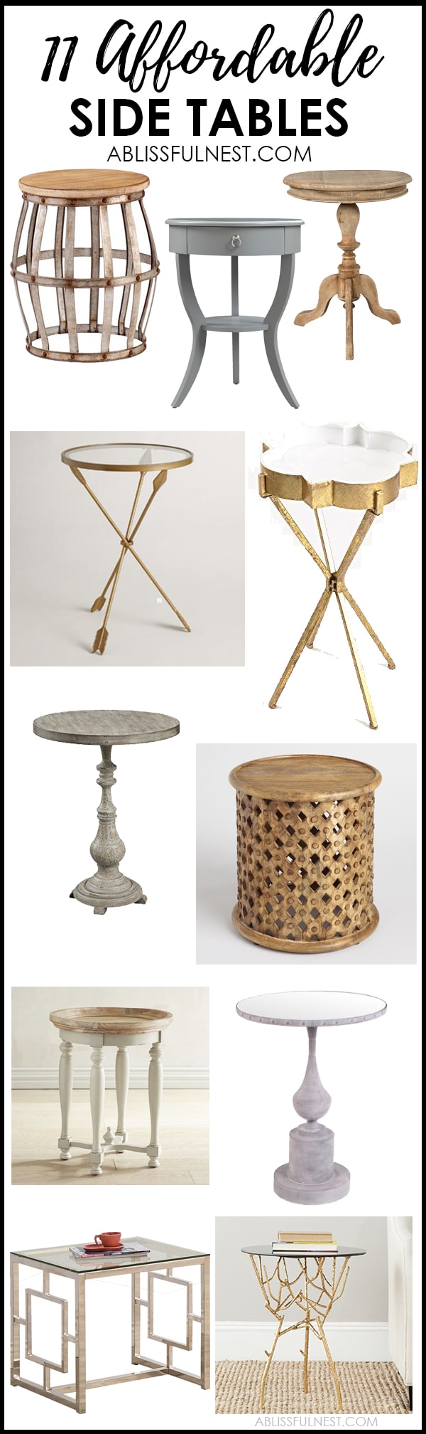 Looking for affordable side tables for your living room? From farmhouse style to a more modern look, there is something for everyone here! See more on https://ablisfulnest.com/ #livingroomdecor #farmhousedecor