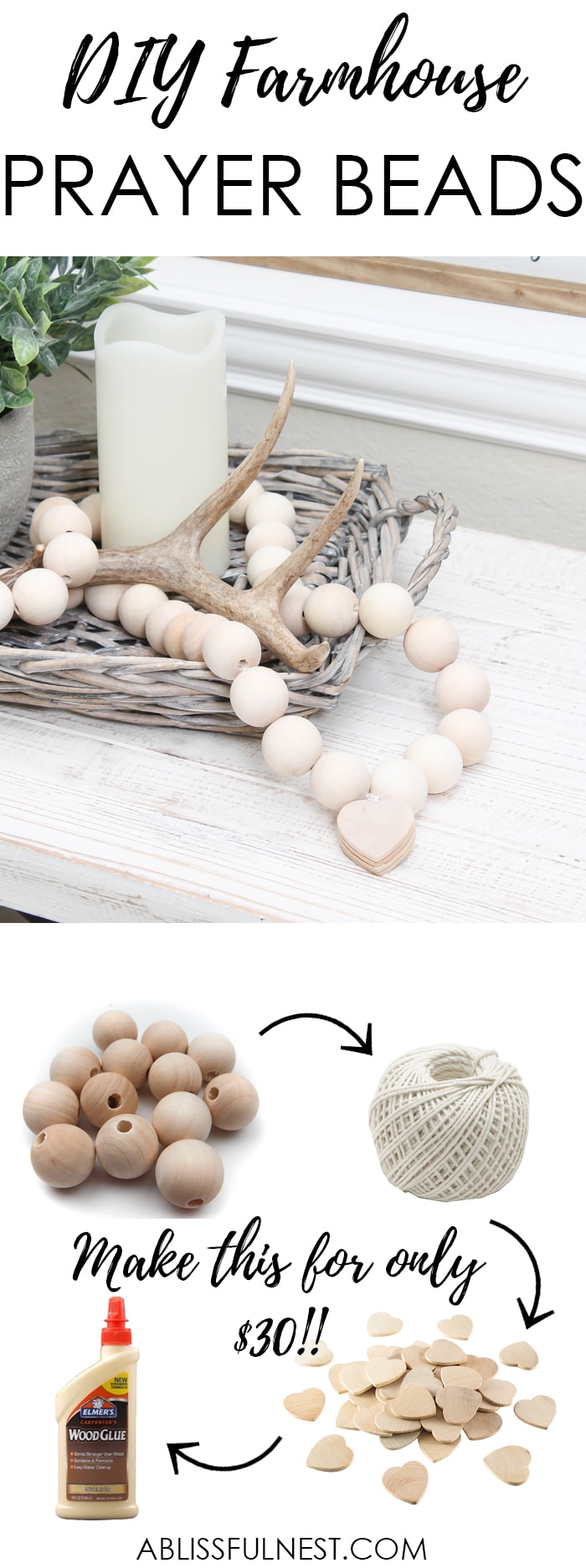 I can not believe how expensive prayer beads normally are! This DIY farmhouse wood prayer beads tutorial is so easy to make and only cost . What an amazing and easy DIY Farmhouse decor project! See more on https://ablisfulnest.com/ #farmhousedecor #farmhousestyle