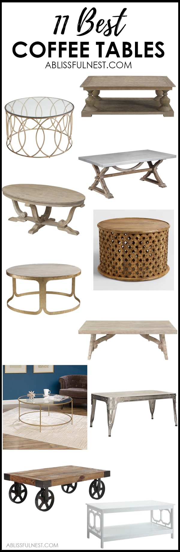 These are the most gorgeous and affordable coffee tables! From farmhouse style to a more modern look, there is something for everyone here! See more on https://ablisfulnest.com/ #livingroomdecor #farmhousedecor