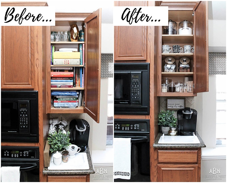 This is such a great idea! Transform a dead cabinet space with these coffee cabinet organization ideas! See more on https://ablisfulnest.com/ #coffee #coffeestation
