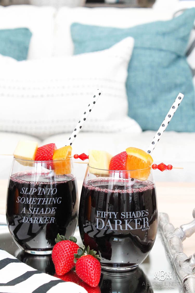 This is such a delicious sangria drink recipe celebrating Girl's Night In and the release of Fifty Shades Darker movie on dvd! See more on https://ablisfulnest.com/ #ad #drinkrecipe #FiftyShadesDarker
