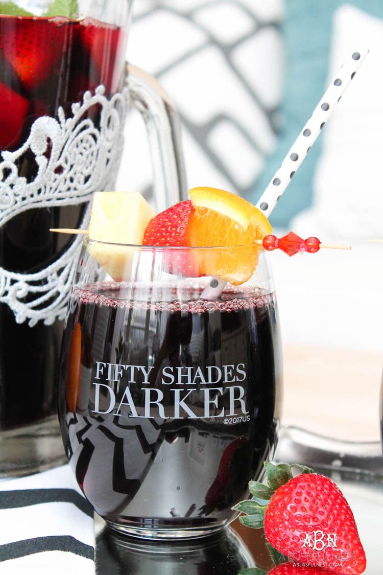 This is such a delicious sangria drink recipe celebrating Girl's Night In and the release of Fifty Shades Darker movie on dvd! See more on https://ablisfulnest.com/ #ad #drinkrecipe #FiftyShadesDarker