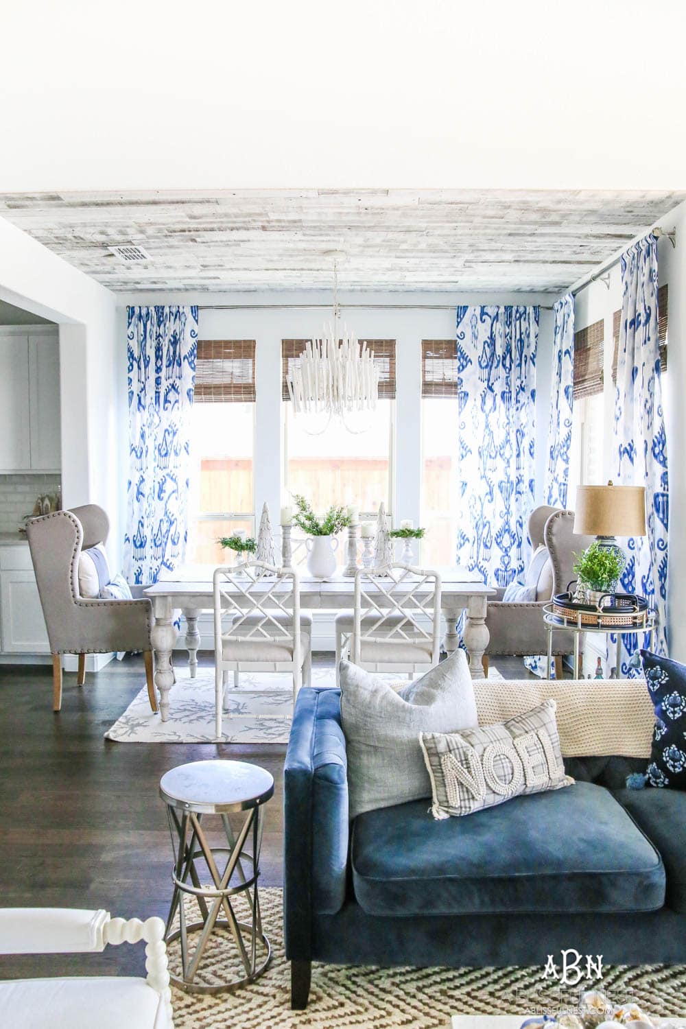 This is the simplest and easy way to install farmhouse barnwood on a ceiling! Just peel and stick these boards from Stikwood for a dramatic makeover to your plain ceiling or wall. More details on https://ablisfulnest.com #farmhousedecor #farmhouseproject #farmhousestyle #ad #stikwood