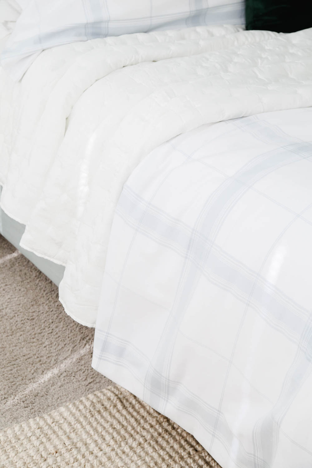 Layer quilts and duvets to create a warm cozy bed for the holidays. #ABlissfulNest #bedroomdecor #bedroomideas