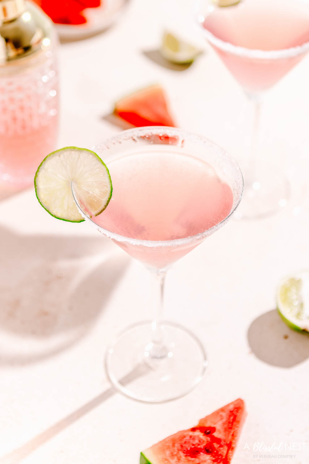 This watermelon lemonade martini is delicious for the summer or when having a small party. #ABlissfulNest #drinkrecipe #watermelon