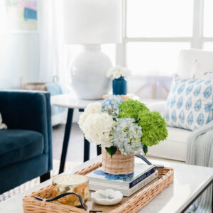 Summer fresh hues in this summer decor for a seasonal update. Fresh flowers, blue & white, green decor. #ABlissfulNest #summerdecor #summerhometour #livingroom