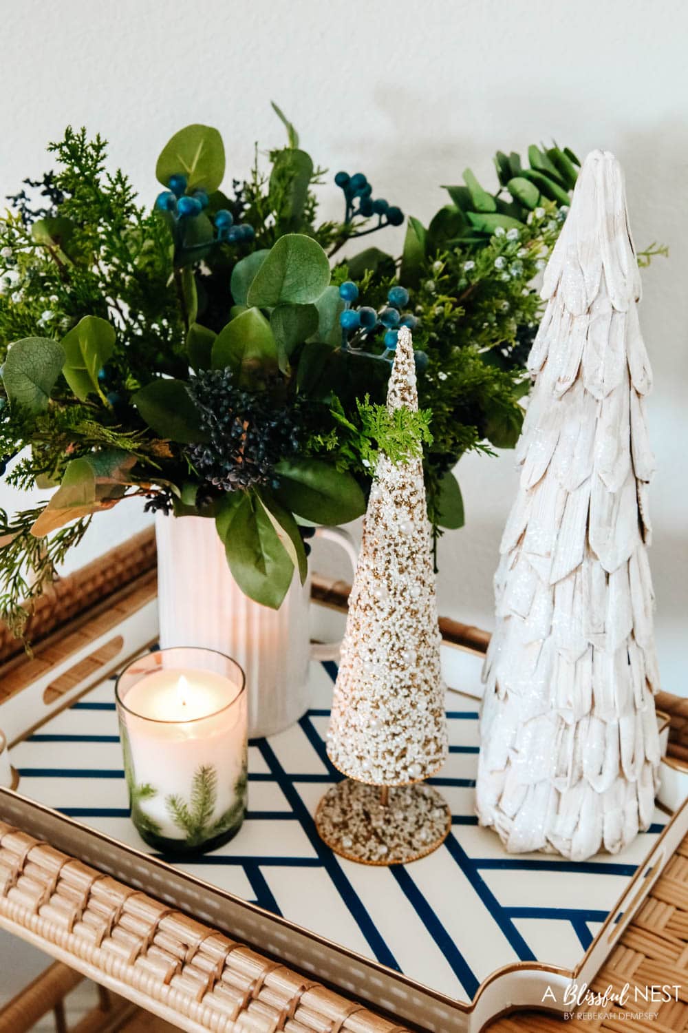 Rattan bar cart with Christmas decor