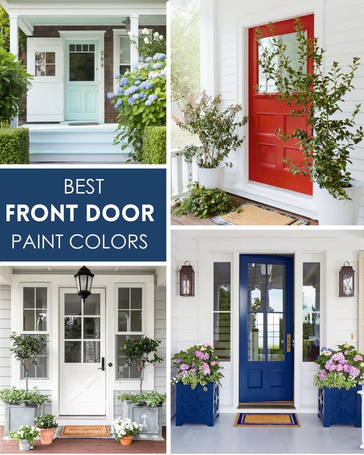A group of front door paint colors in white, navy blue, red and turquoise. 