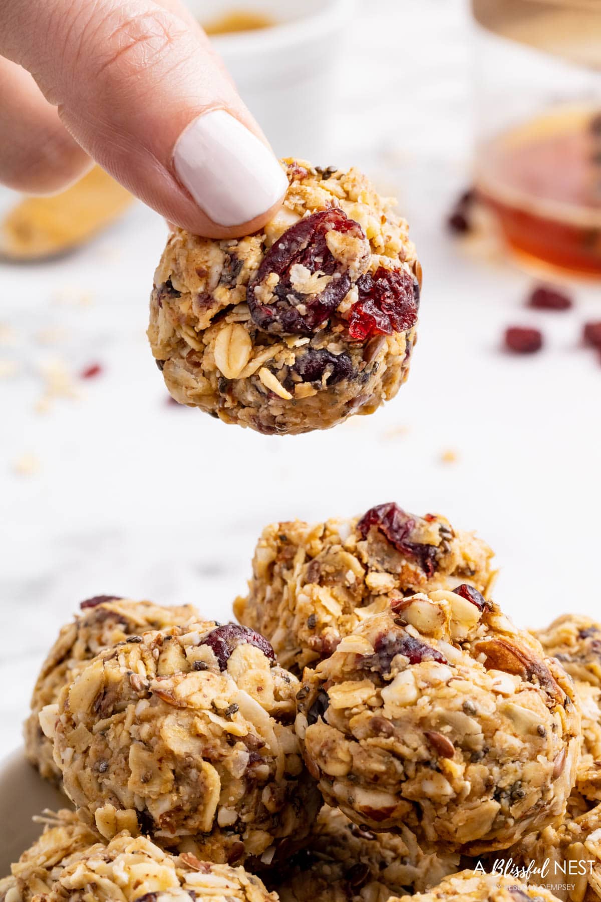 close up of what an energy ball looks like with all the ingredients together and after it has been refrigerated. 