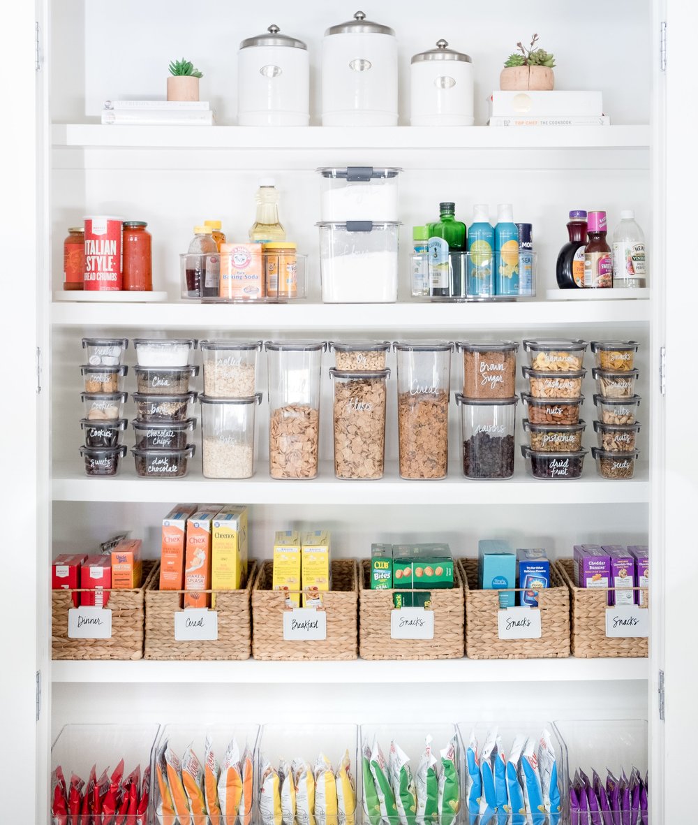 try using baskets with labels to corral similar items together