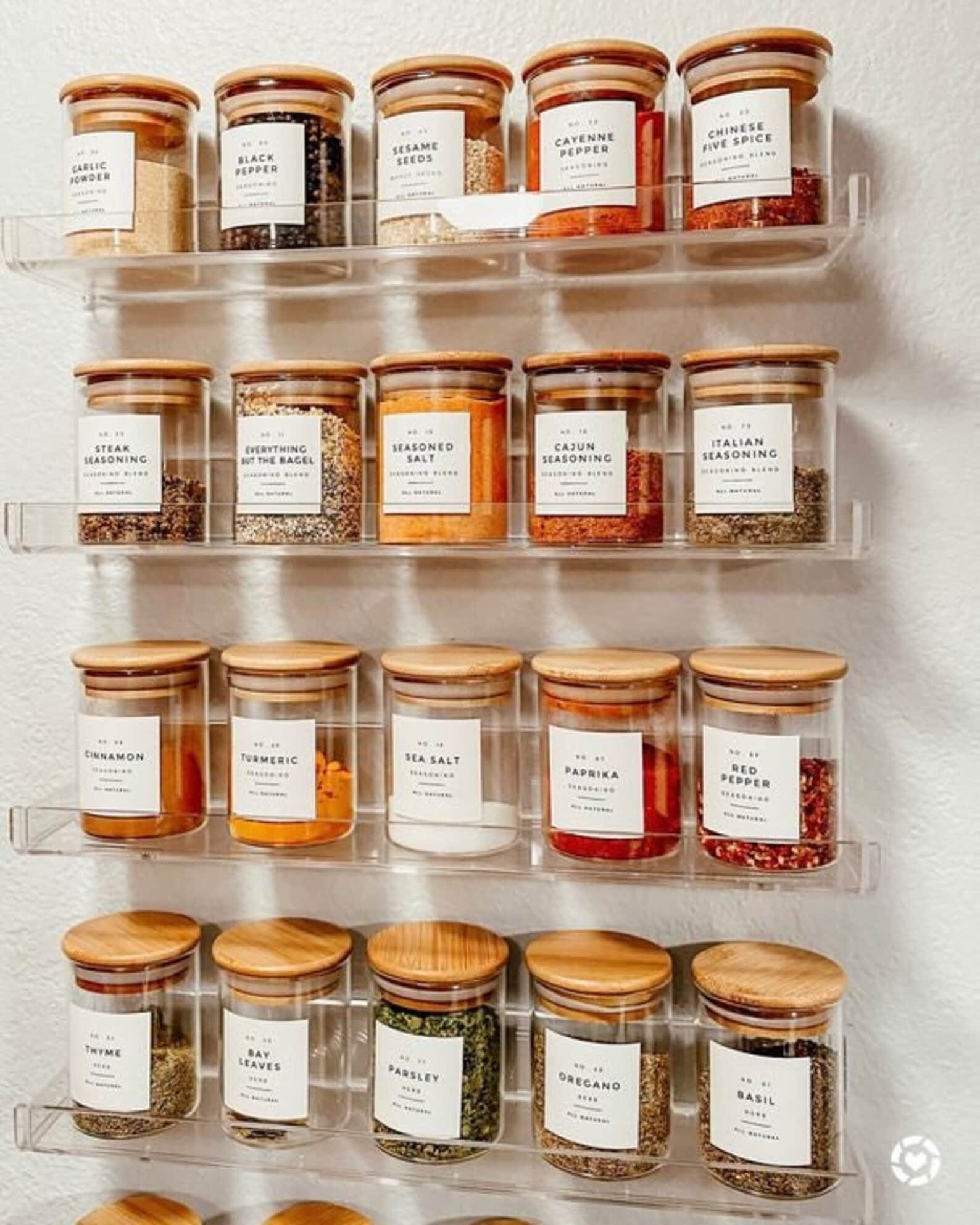 acrylic shelves holding spices.
