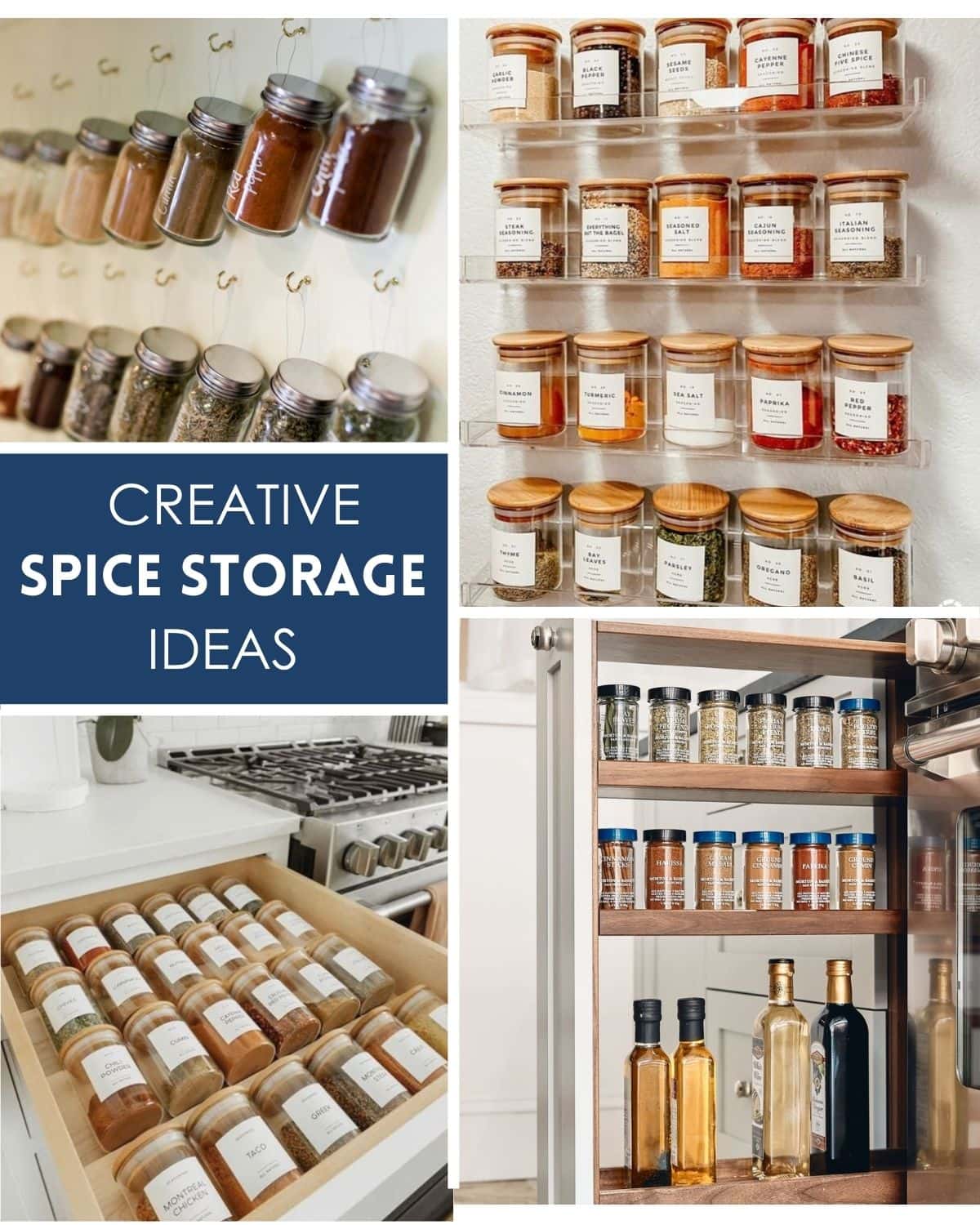 collage of variations of spice storage ideas
