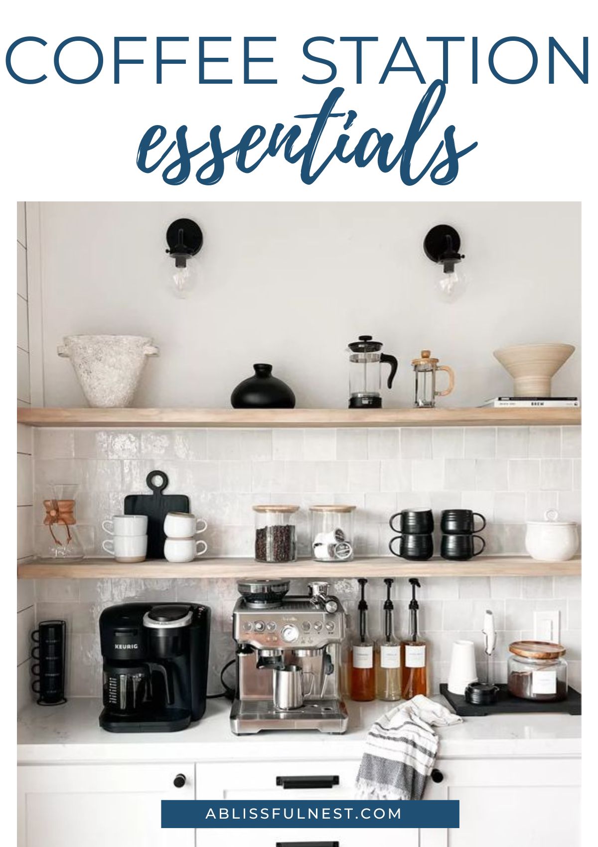 espresso machine and coffee maker in a kitchen with floating shelves above for extra storage