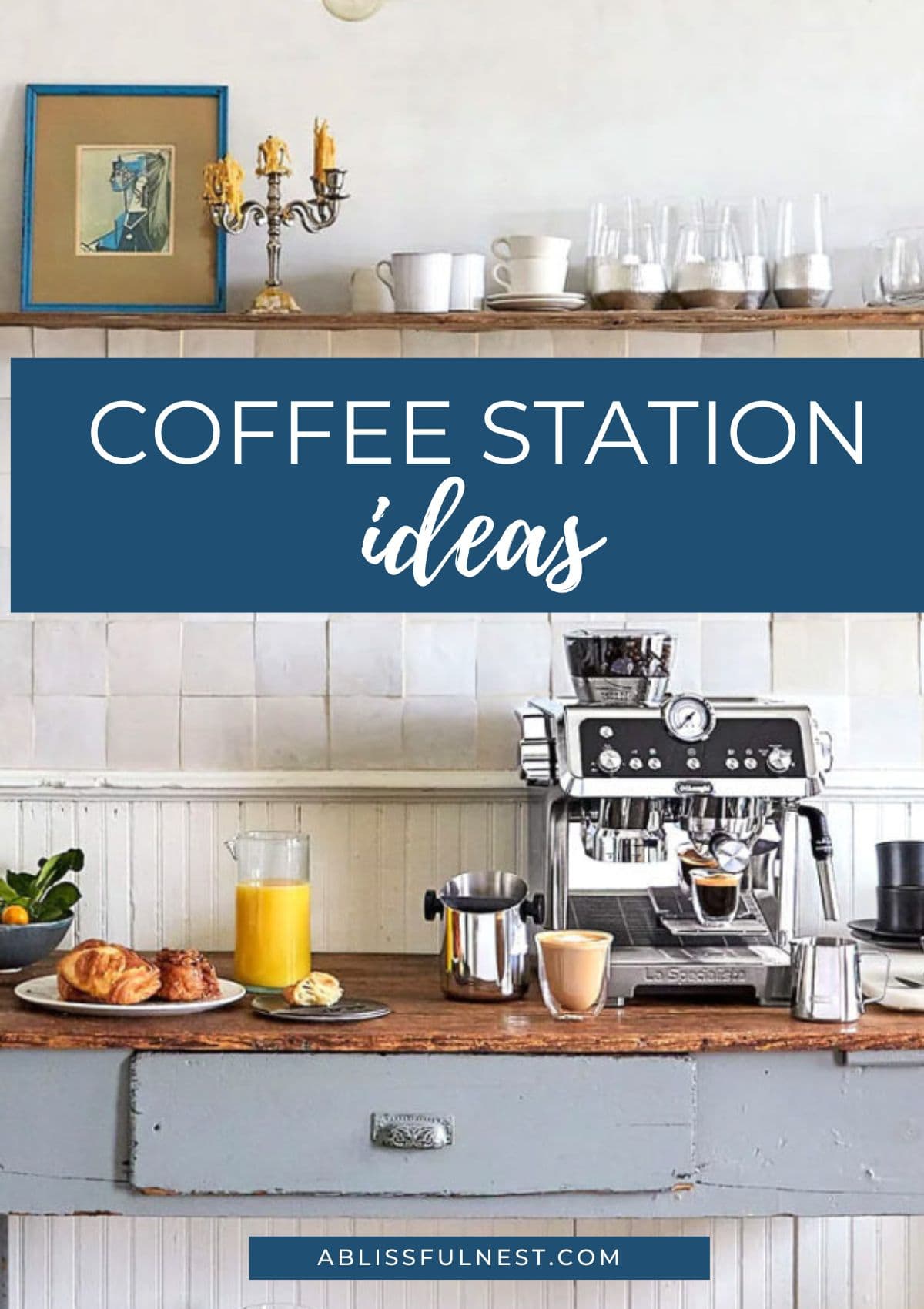 A chippy blue painted table holds an espresso machine.