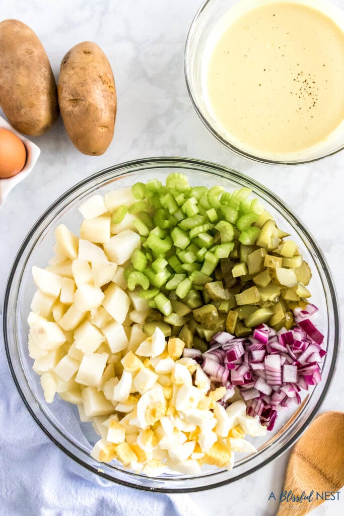chopped ingredients for potato salad.