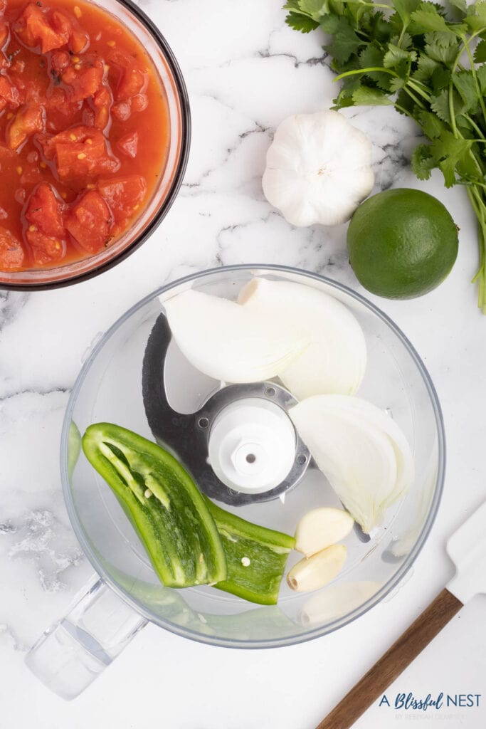 ingredients for salsa in a processor
