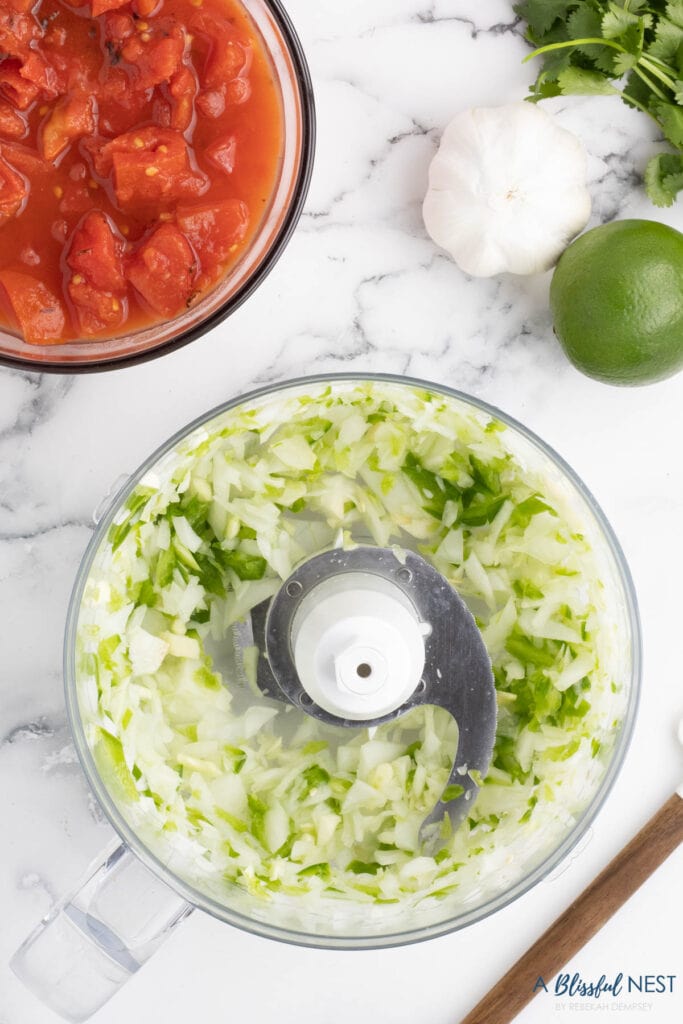 mixed garlic, onion and peppers in a food processor