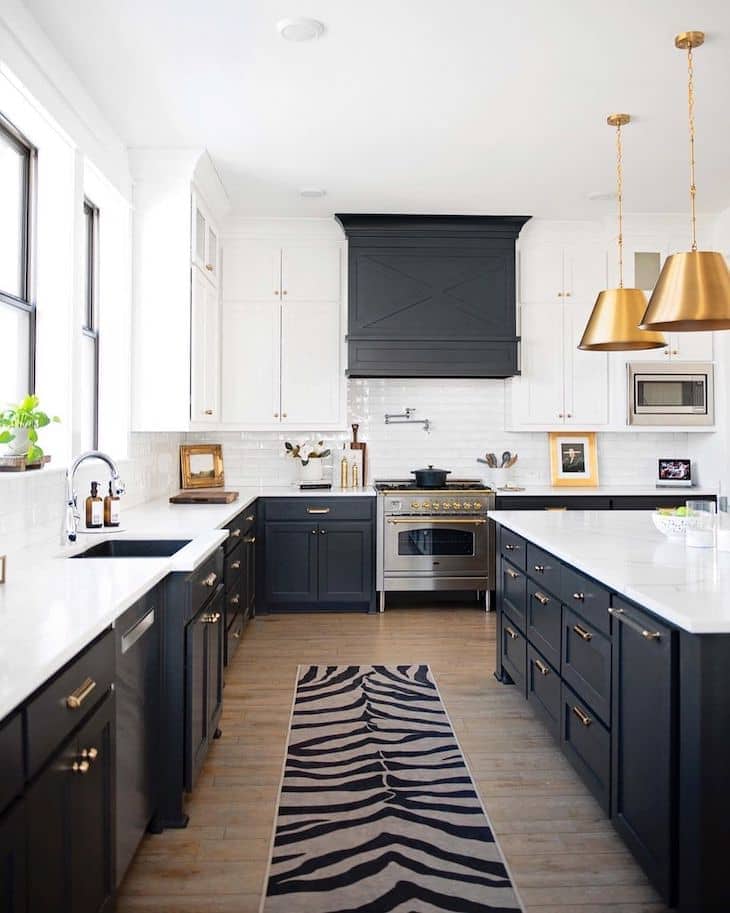 black and white kitchen with zebra print rug