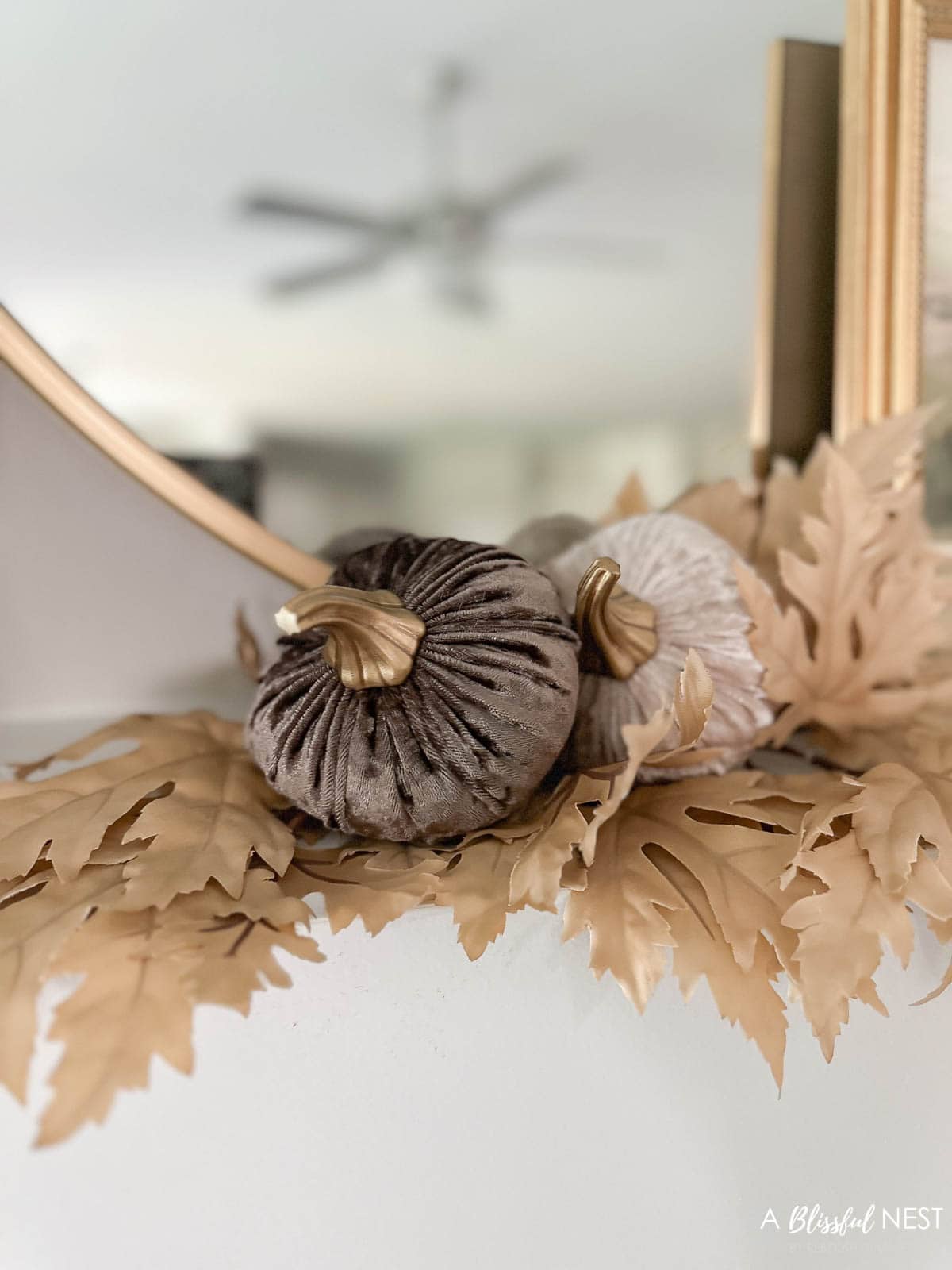 2 mini velvet pumpkins with fall leaves tucked under them.