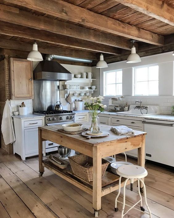 rustic paneled ceiling and a vintage table for a island