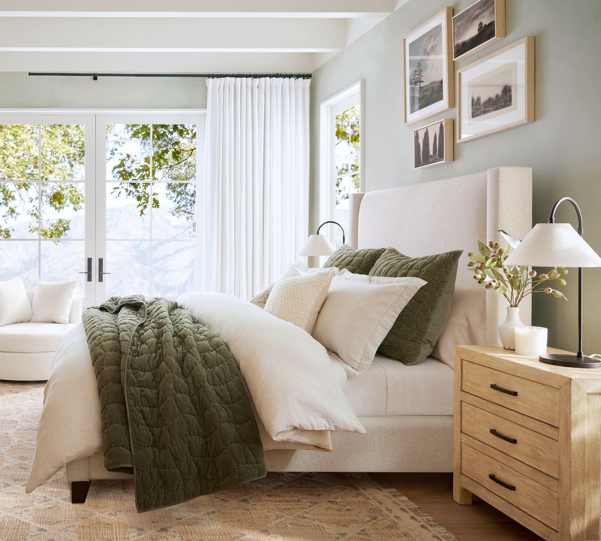 green and white bedding with green comforter