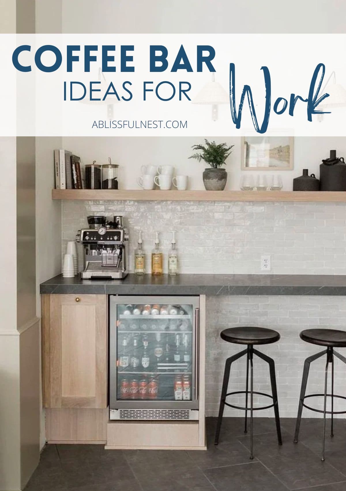 small coffee station set up with a drink fridge for condiments.