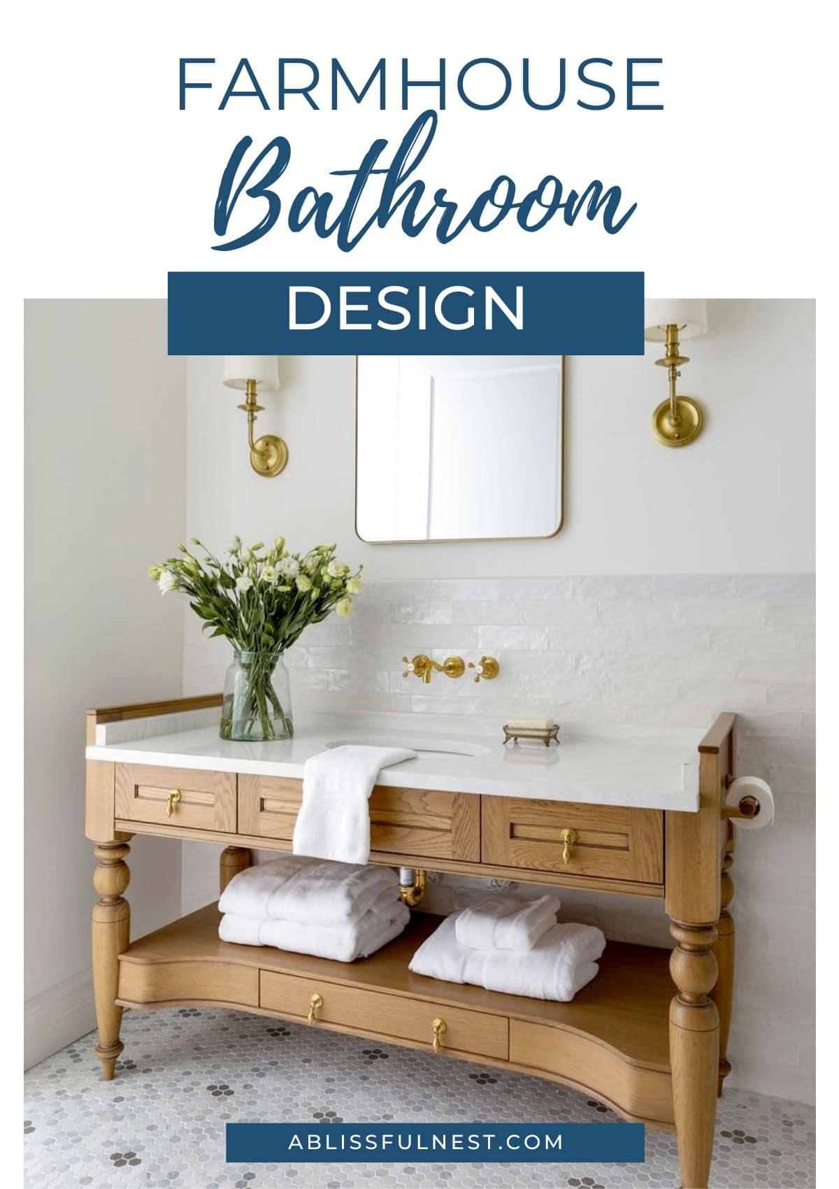 wood farmhouse vanity with gold faucet and hardware