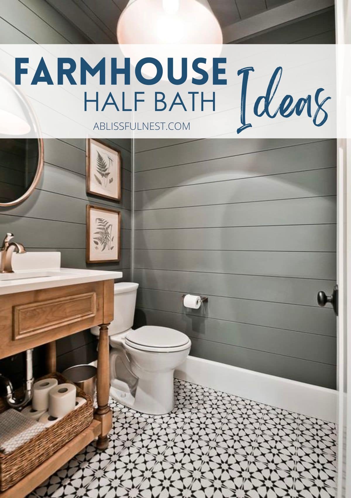 dark painted shiplap walls in a dark gray paint with wood vanity and black and white tile floor.