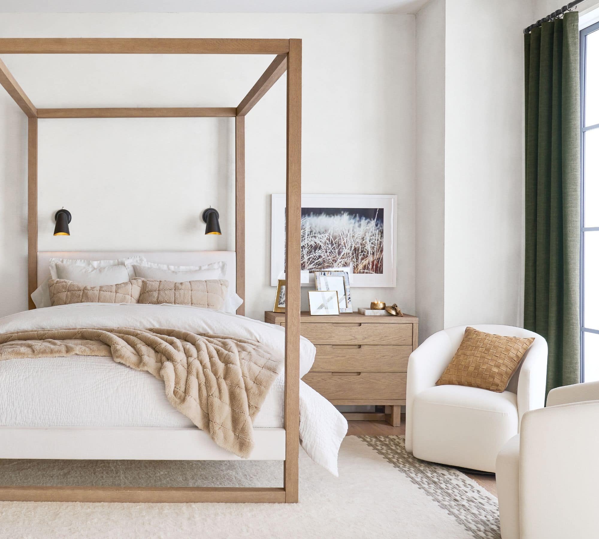 cozy fur throw blanket laid across the end of a bed with white bedding